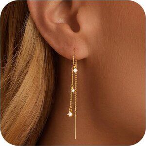💫 Women Gold Trendy Dainty Long Earrings Hypoallergenic Pearl Threader Jewelry